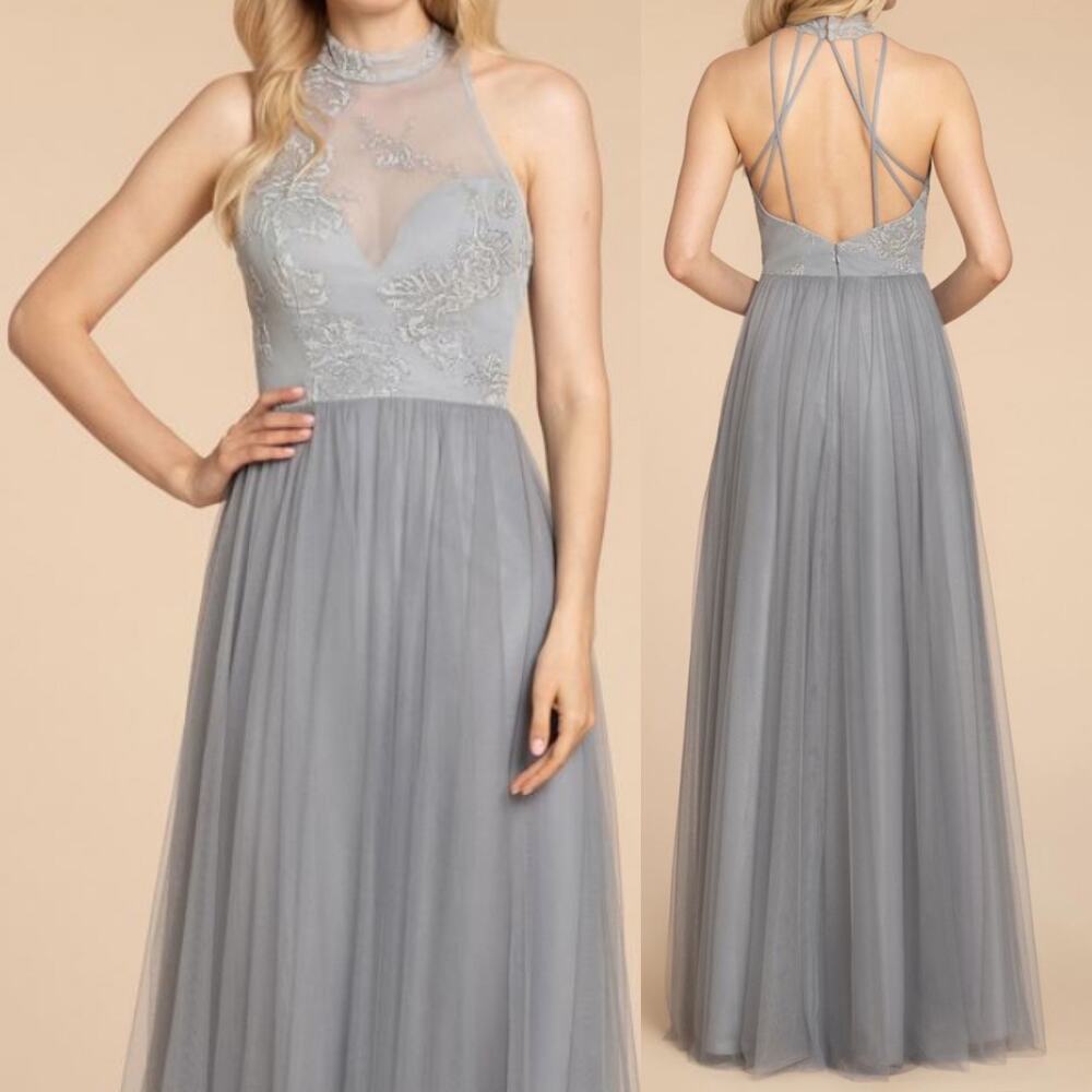 Hayley Paige Formal Dress Fit N Flare Gray Sleeveless Halter Neckline Size 10